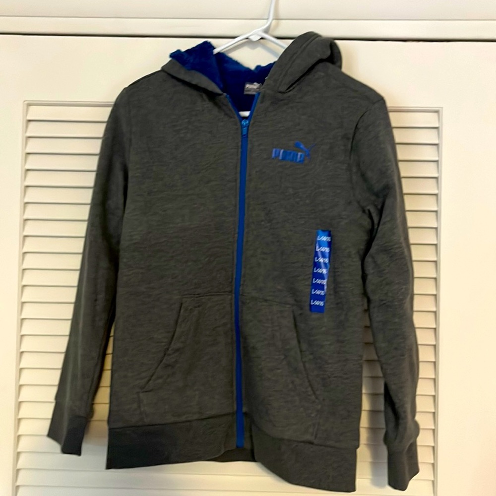 NWT Puma Youth Large 14/16 Blue/Grey Full Zip Hoodie Fuzzy